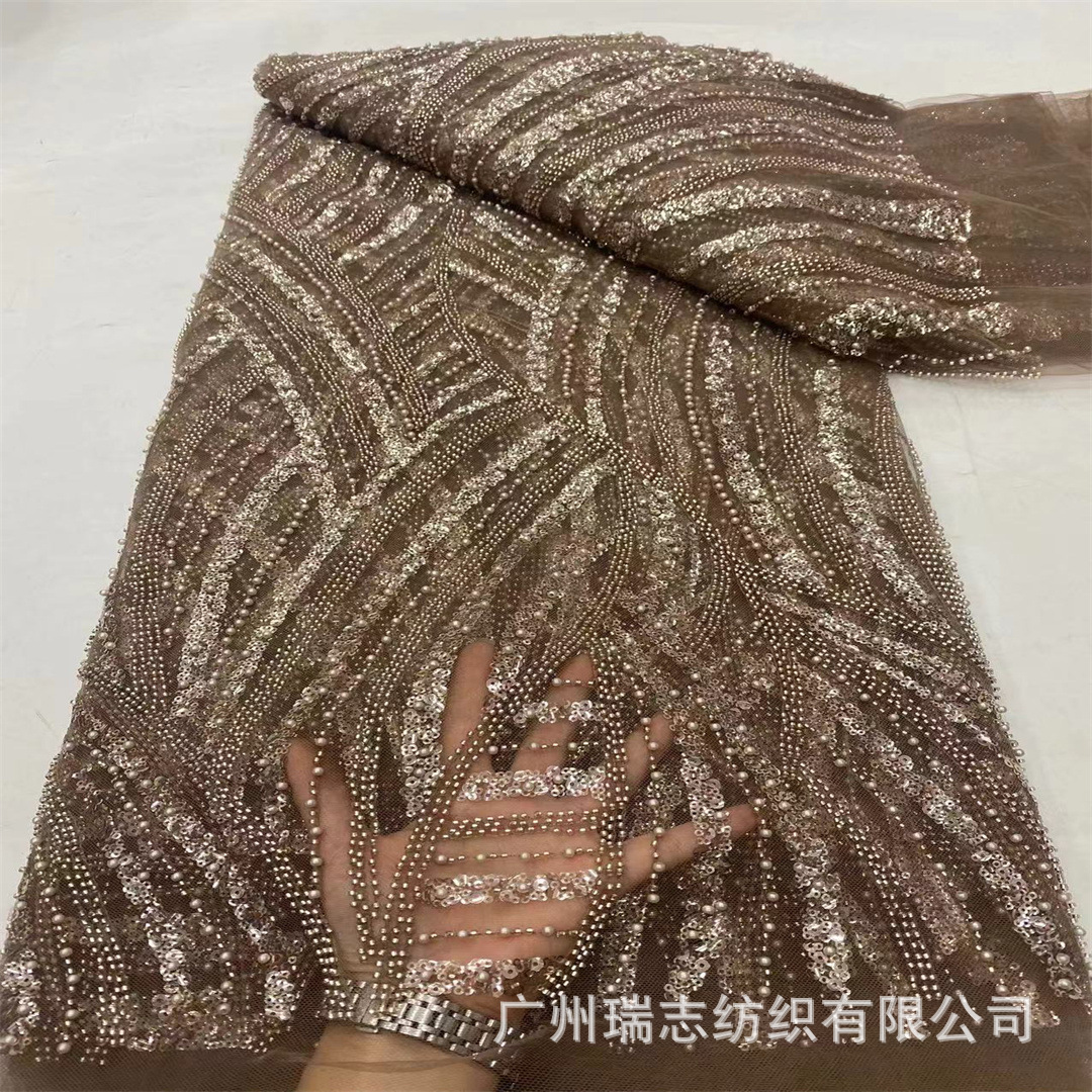 Beautiful striped evening wear beaded mesh lace fabric African dress gown beaded embroidered wedding dress fashion accessories