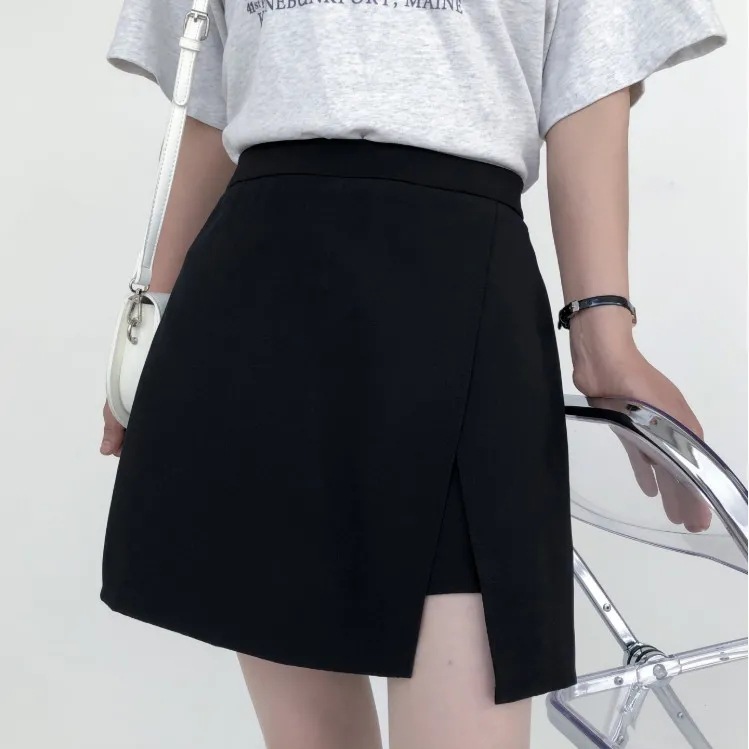 Black High Waist Culottes Elegant Split Skirt Women's Summer Chubby A- line Skirt Short Skirt Large Size Chubby Girl Hip Skirt