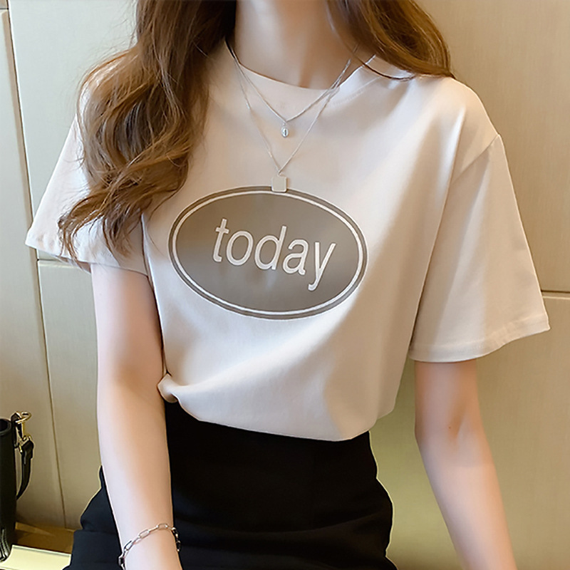 Polyester Printed Short-sleeved Crewneck Women's Ins Fashionable New Summer Korean-style Student Letter Top Women's Pullover