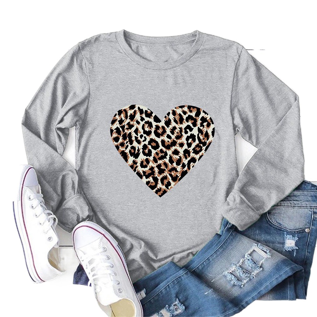 2020 Cross-border New Women's Leopard Love Print Top Round Neck Pullover Long-sleeved T-shirt
