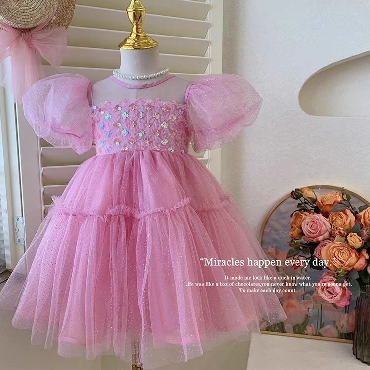 Picture of Girls' summer dress new western style children's summer dress baby girls' fluffy gauze dress girls' fashion pink dress