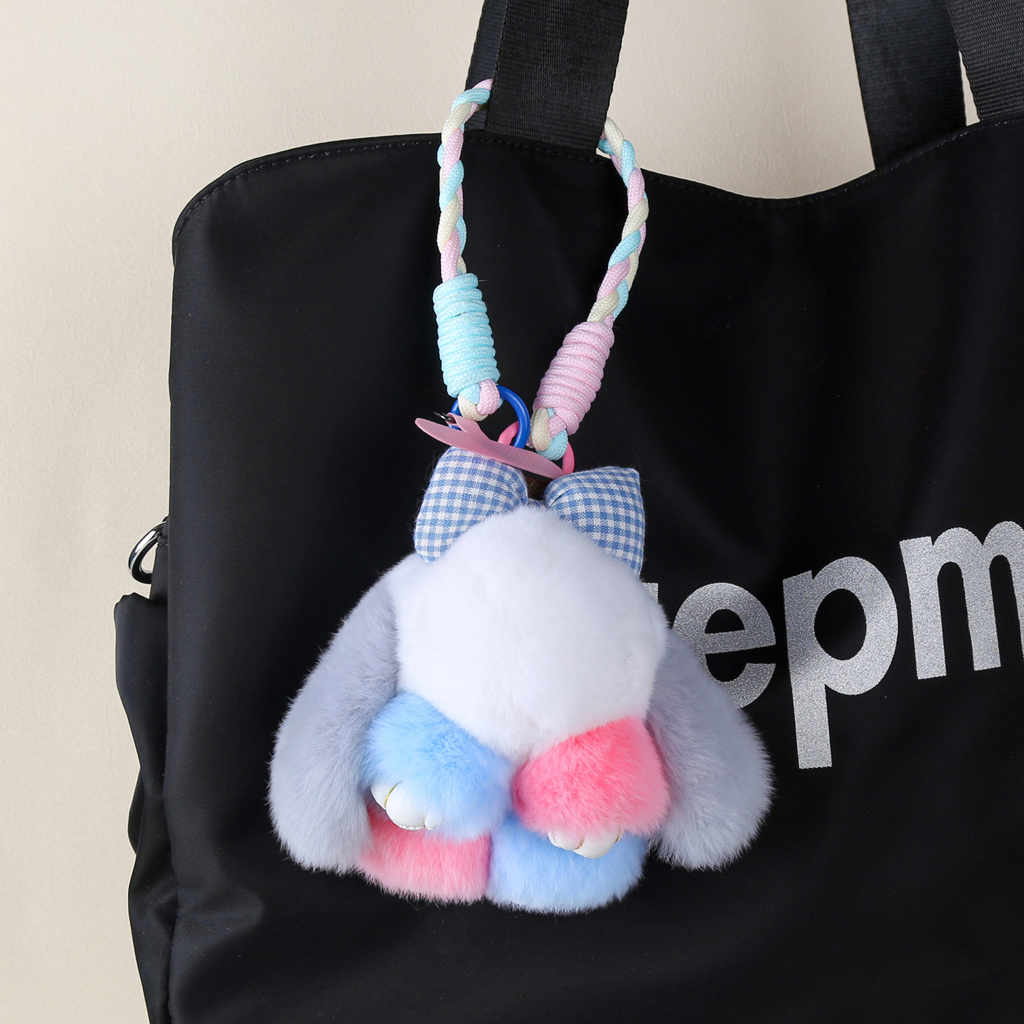 Real Rex Rabbit Fur Bowknot Little Bunny Phone Charm Bag Pendant Plush Hanging Rope Rabbit Doll Keychain