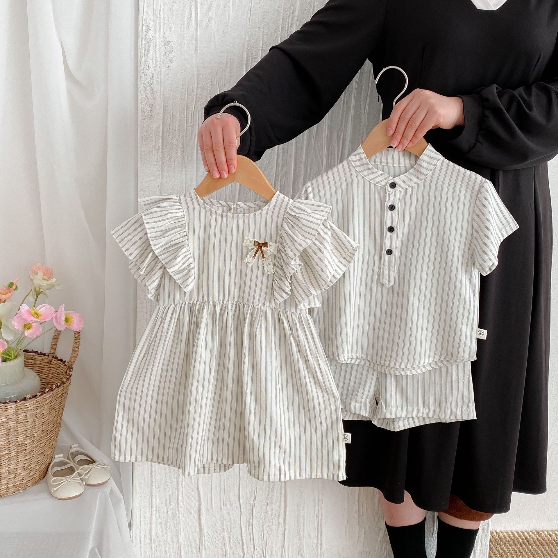 Children's Summer suit Boys' Short-sleeved Striped 2025 New Summer Baby Girls' dress Brother and Sister Wear