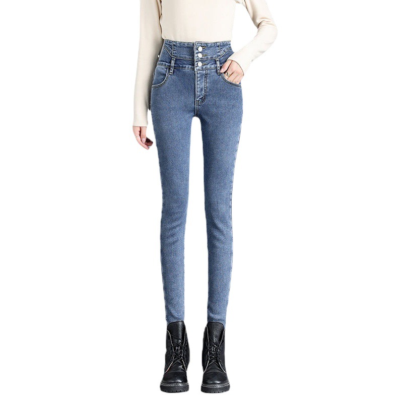 Fleece-lined Thickened Jeans Women's Autumn and Winter 2021 New High Waist Abdominal Slim-fit Slimming Stretch Leggings