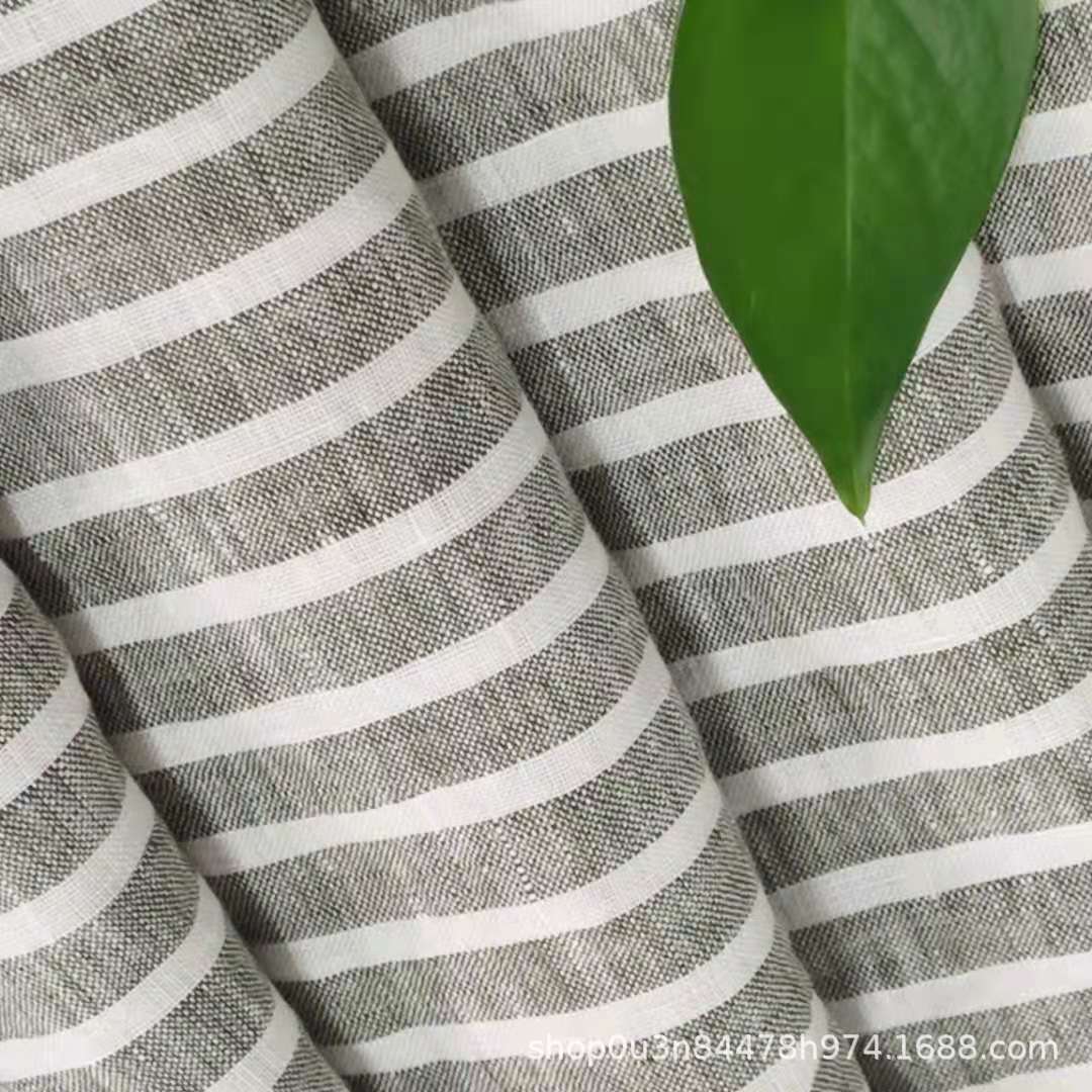 Pure Linen Green and White Striped Curtain Fabric Wide Stripesd Pure Linen Bedding Fabric Linen Quilted Quilt Fabric