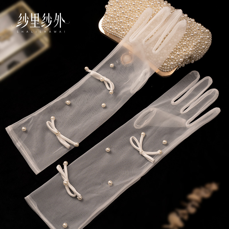 White Mesh New Pearl Bow Gloves Birthday Banquet Lace Mid-length Wedding Dress Travel Photography Accessories