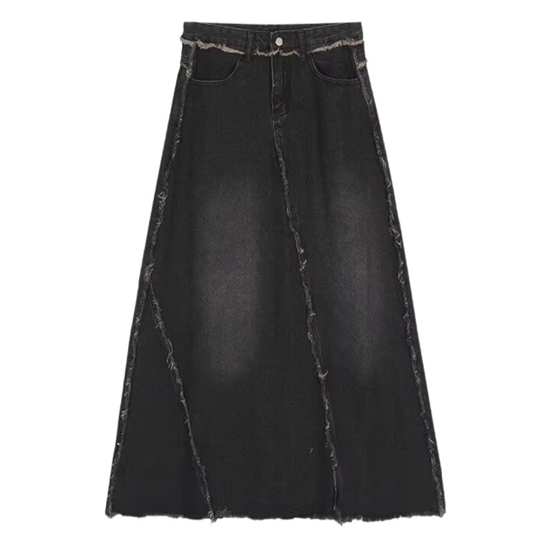 Retro frayed high waist denim skirt for women Summer versatile slimming pear-shaped mid-length A- line skirt summer