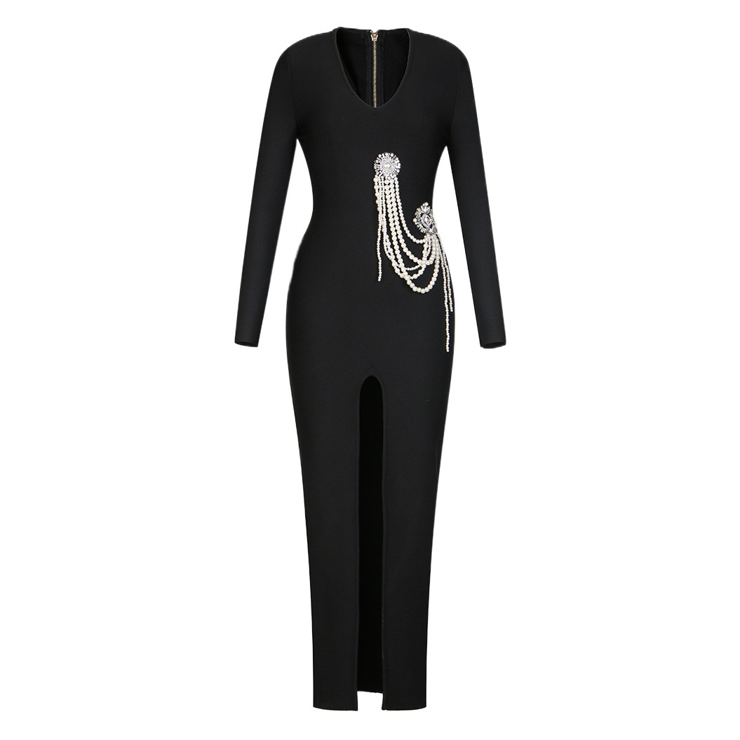 European and American Fashion Black Long Sleeve V-Neck Sexy Beads Diamond Knitted Split Tight Bandage dress Evening Dress
