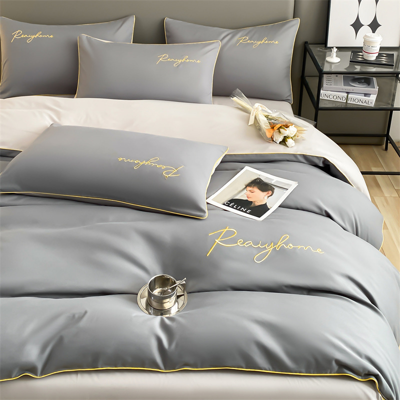 Picture of Solid color double four-piece set of style bed sheets home light luxury quilt cover washed cotton embroidered letter quilt cover three-piece set