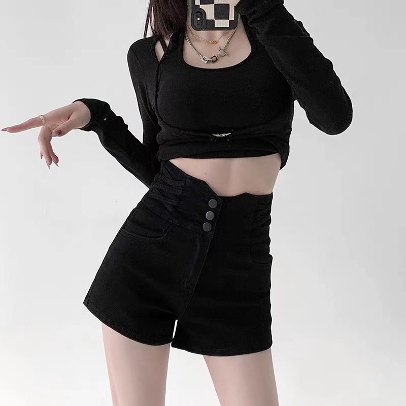 High waist stretch belly contracting Denim shorts women's fashionable all-matching summer thin new loose slimming wide leg breasted hot pants