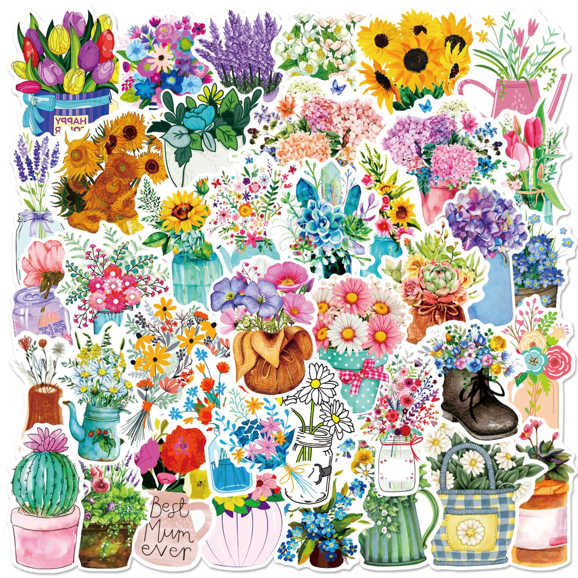 50 Pieces of Literary and Fresh Flowers Graffiti Stickers Handbook Diary Suitcase Desk Decoration Waterproof Stickers
