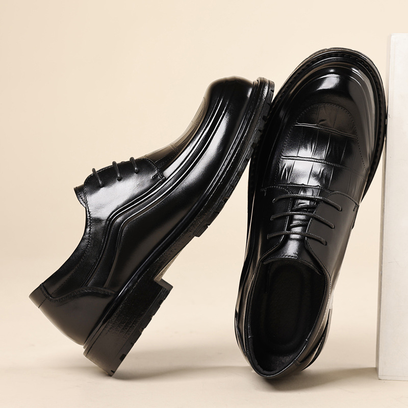 New Men's Business Casual Leather Shoes Genuine Leather Thick-soled Dress Men's Shoes Pure Cowhide Derby Big Toe Shoes Light Luxury Style