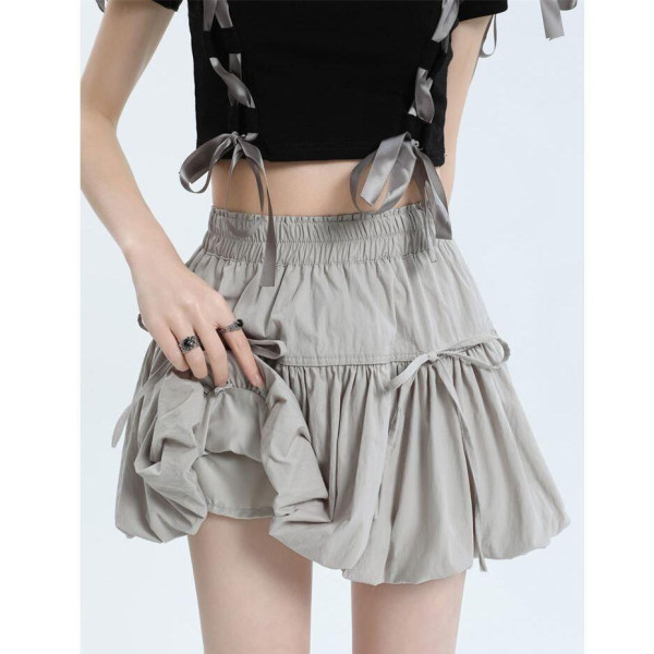 Grey Flower Bud Short Skirt Women's Summer 2024 Bow Pleated Anti-walking Skirt Small High Waist Tutu Skirt