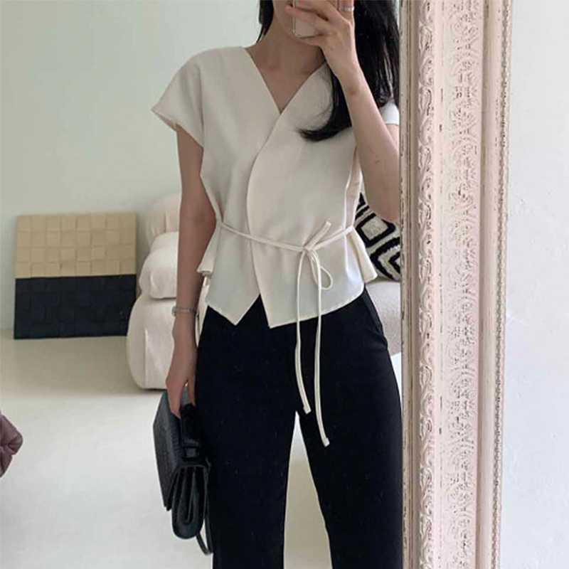 Chic Korean Style V Neck Lace-Up Pure Color Waist Dark Button Short-Sleeved Shirt