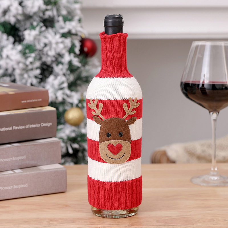 Picture of New Christmas Decorations Wool Acrylic Knitted Stripesd Wine Bottle Set Elk Snowman Red Wine Champagne Bottle Set