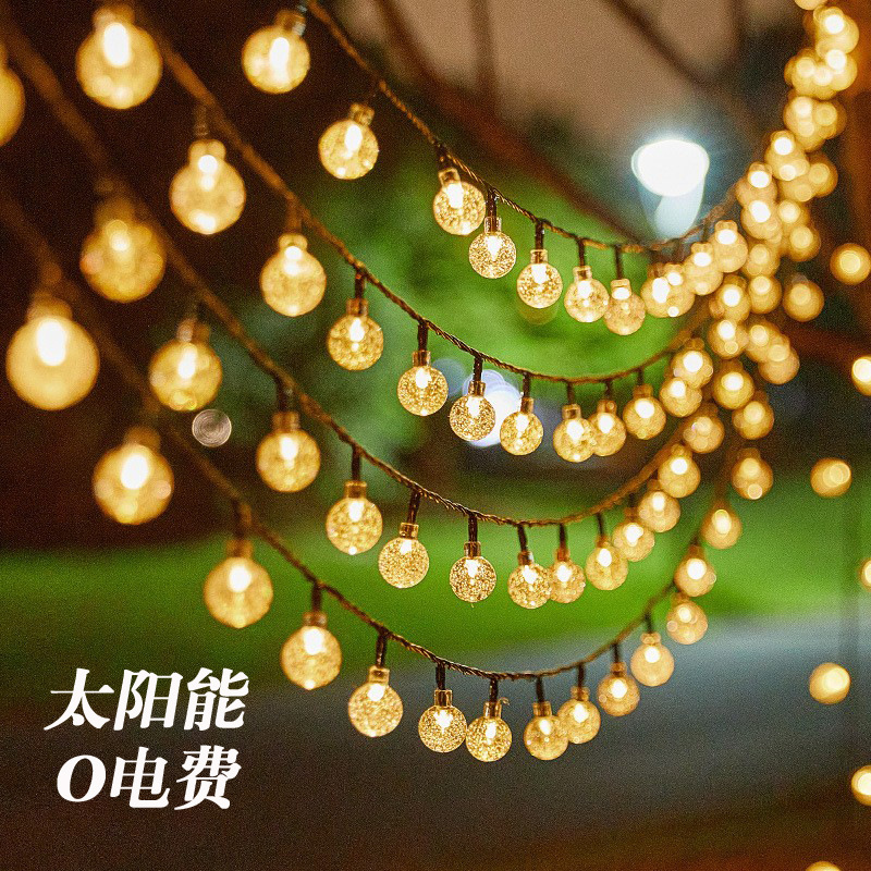 LED Solar Bubble Lantern String Light Camping Atmosphere Light Outdoor Courtyard Small White Ball Cherry Blossom Water Drop Decorative Light