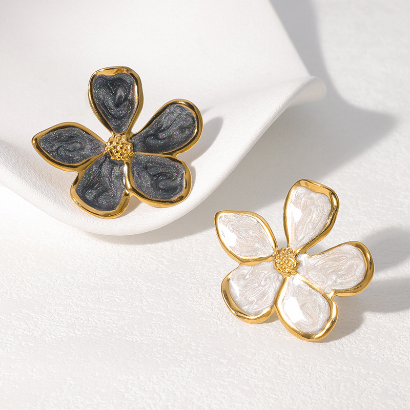 Cross-Border French Stainless Steel Ring Retro Drip Glaze Five-Petal Flower Female Niche High-End Exquisite Titanium Steel Ring Jewelry