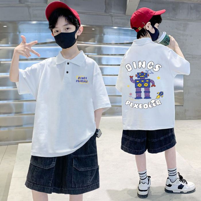 Picture of 100% Cotton Boys' POLO collar summer children's clothing handsome boys' half sleeve round neck T-shirt middle and big children's fashion top