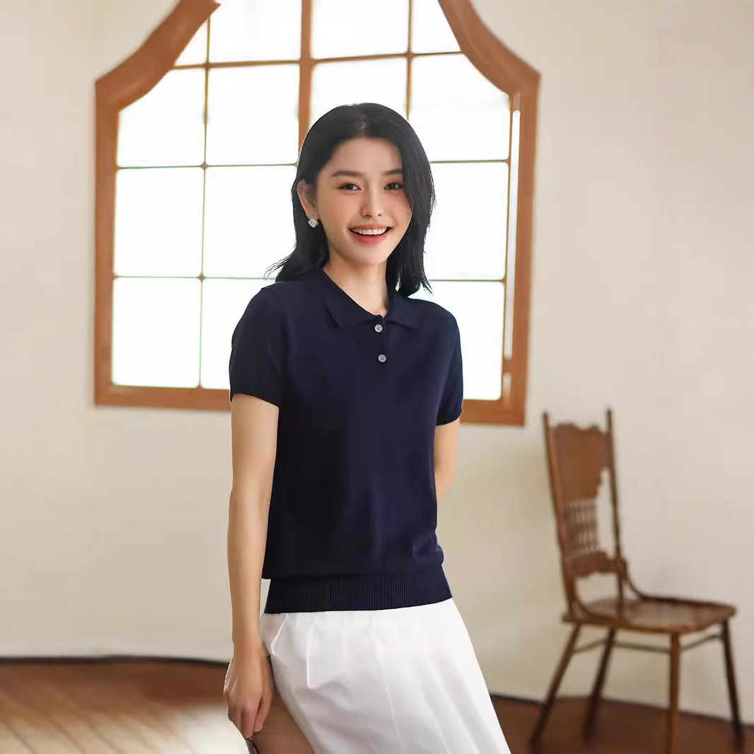 2025 New Solid Color Cotton POLO Collar Half-sleeve Women's Basic Simple All-match Casual Bottoming Sweater Vest T-shirt