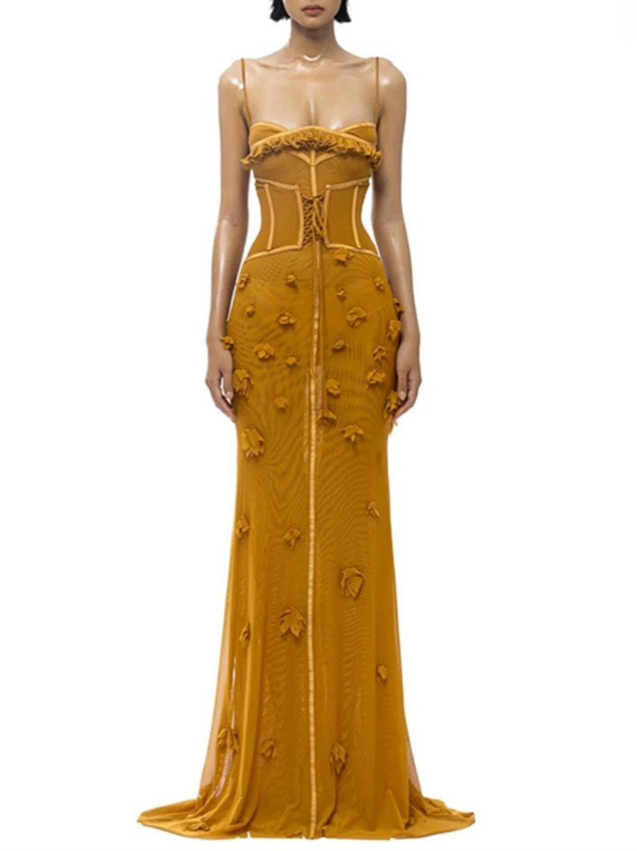 25 Summer Vietnam Niche Trendy Brand Sexy Sling Sling Design Sense Three-dimensional Nail Flower Stretch Mesh Tight Waist Dress