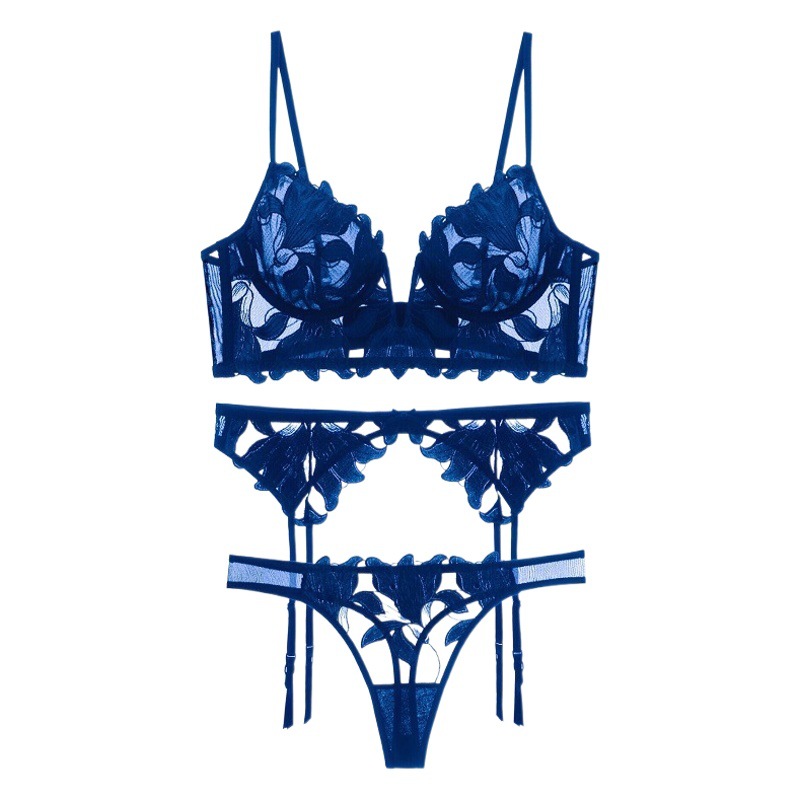 Cross-Border Sexy Lingerie for Women, French Ultra-Thin Deep V Embroidered Lace Bra, Large Bust Minimizing, Erotic Lingerie Three-Piece Set