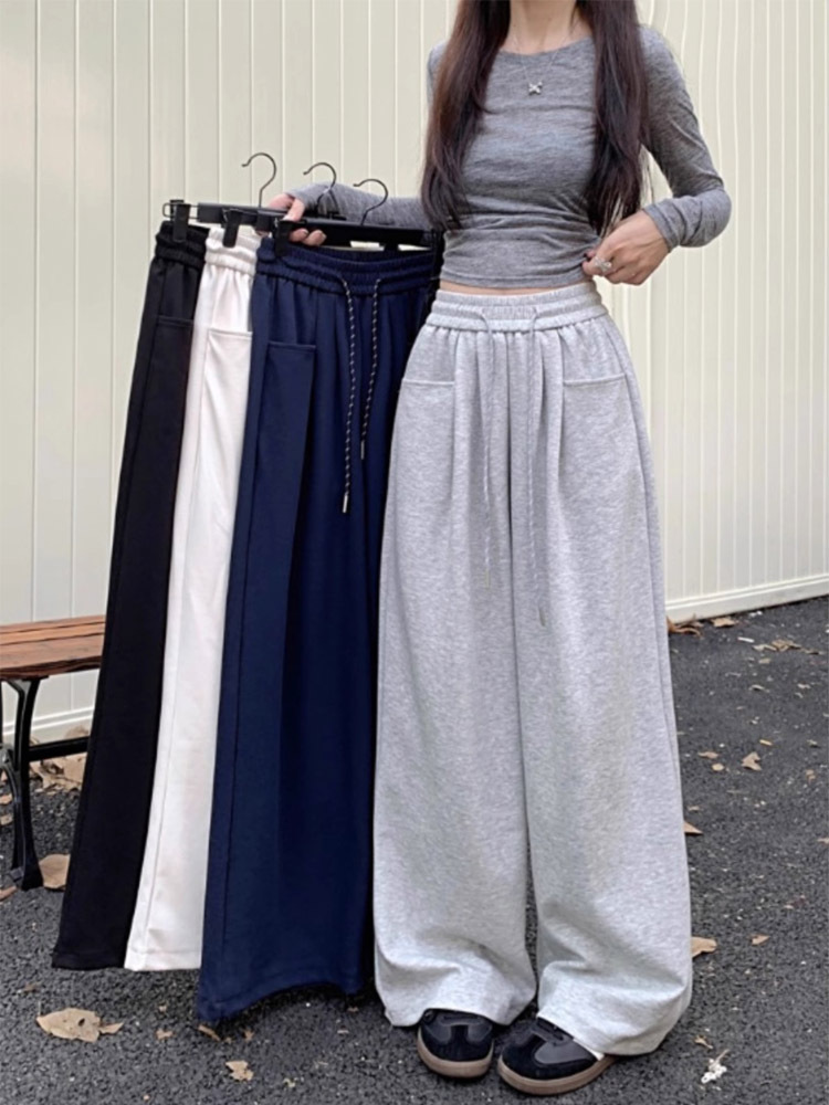 Early autumn casual pants women's elastic waist drawstring wide-leg pants loose slim pants straight pants floor pants sweater pants