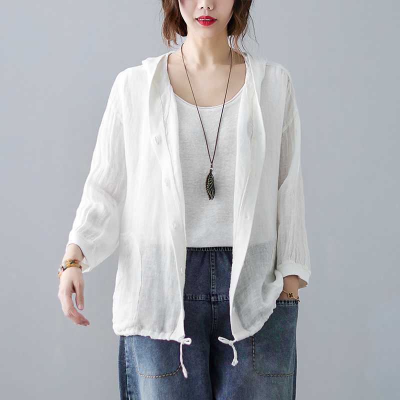 Real Shot Summer Vintage Cotton and Linen Mid-length Cardigan Women's Loose Artistic Air-conditioning Shirt Sunscreen Outer Wear