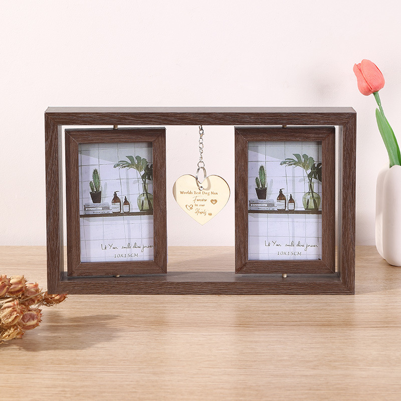 Brown double-sided rotatable photo frame table with love wood 6 inch two-piece creative pet commemorative wooden photo frame