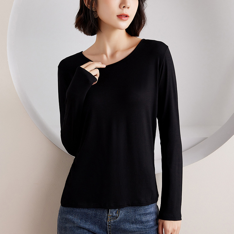 Picture of Women's Round Neck Inner Base Shirt for Autumn and Winter plus size Thin Autumn Clothes Solid Color Underwear Long-sleeved T-shirt for Women
