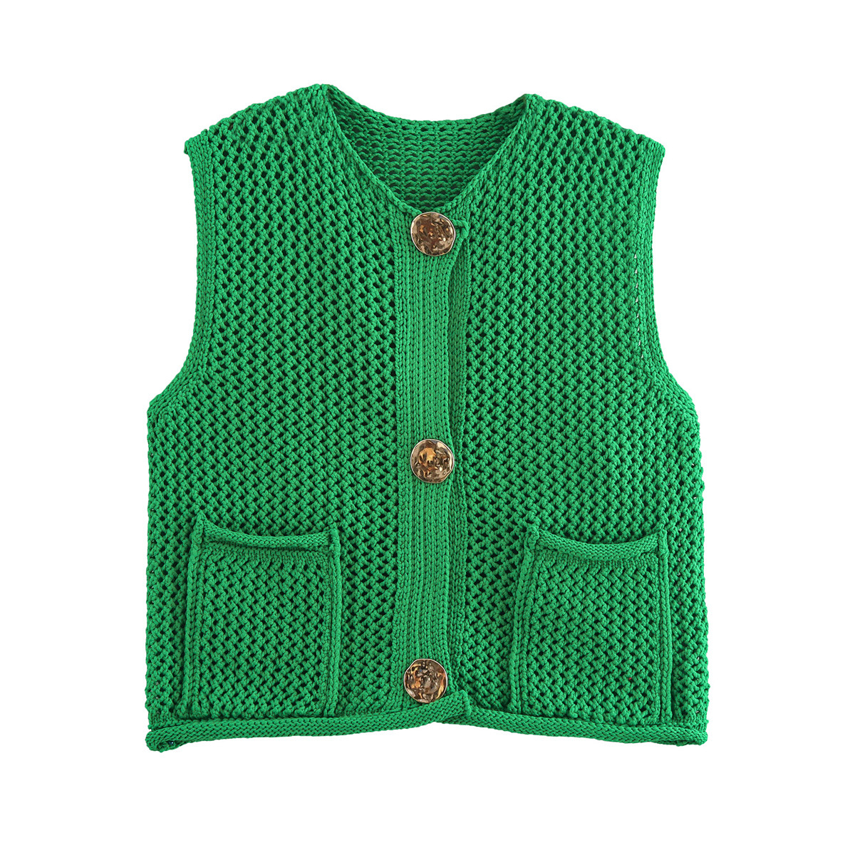 Picture of Women's Solid Color Fashion Hook Needle Hollow Single Breasted Vest 2024 Autumn and Winter New European and American Cross-border Wool Vest