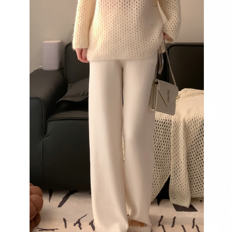 2024 Autumn and Winter New Wool Knitted Loose Straight Pants Women's Cashmere Wide Leg Pants with Pocket