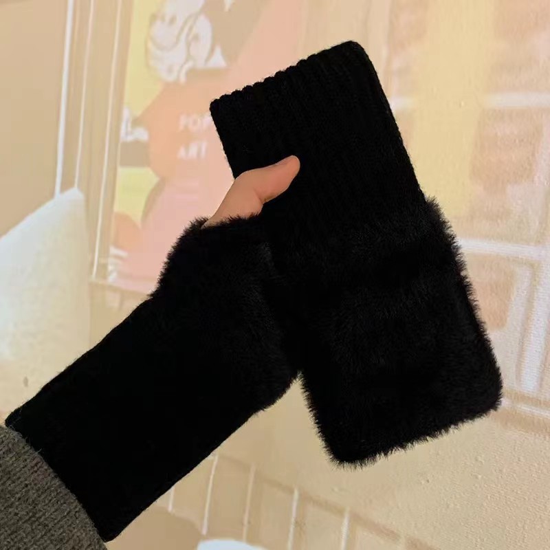 Half-Finger Mittens Winter Plush Thickened Warm Sleeves Fingerless Office Student Cute Versatile Travel Cold Protection