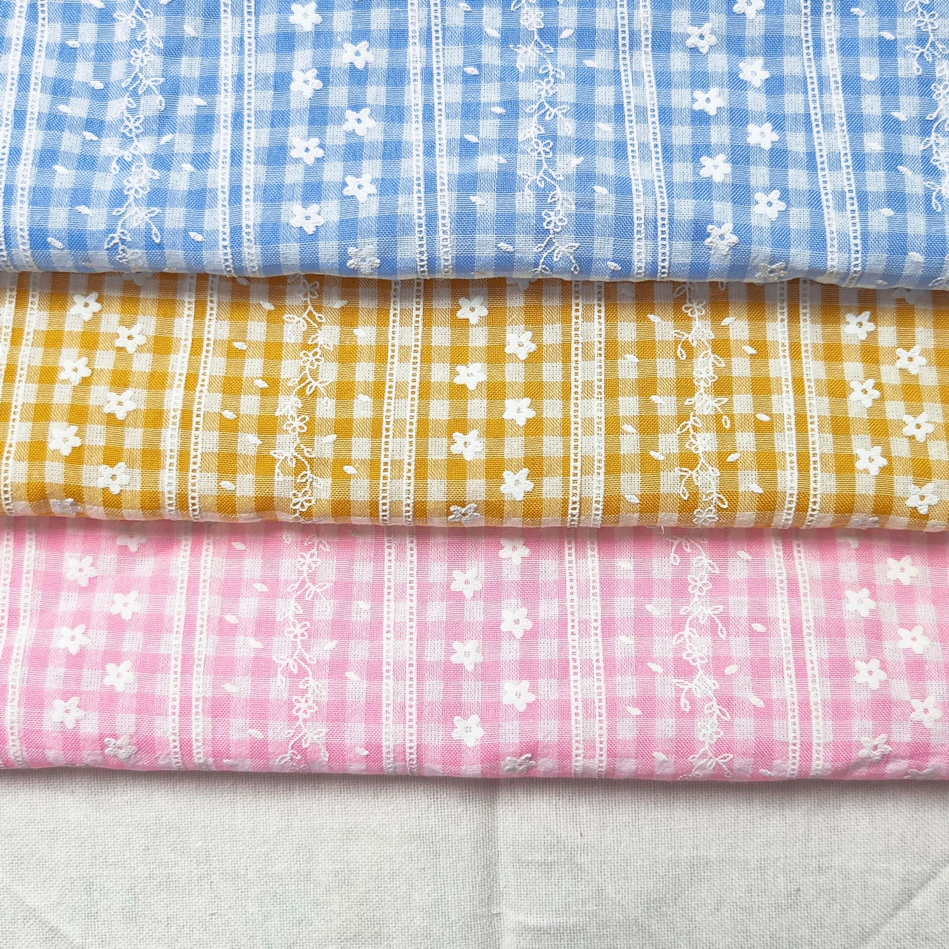 Spring and summer small fresh color checkered lattice foam woven small floral line printed fabric dress children's clothing home boutique