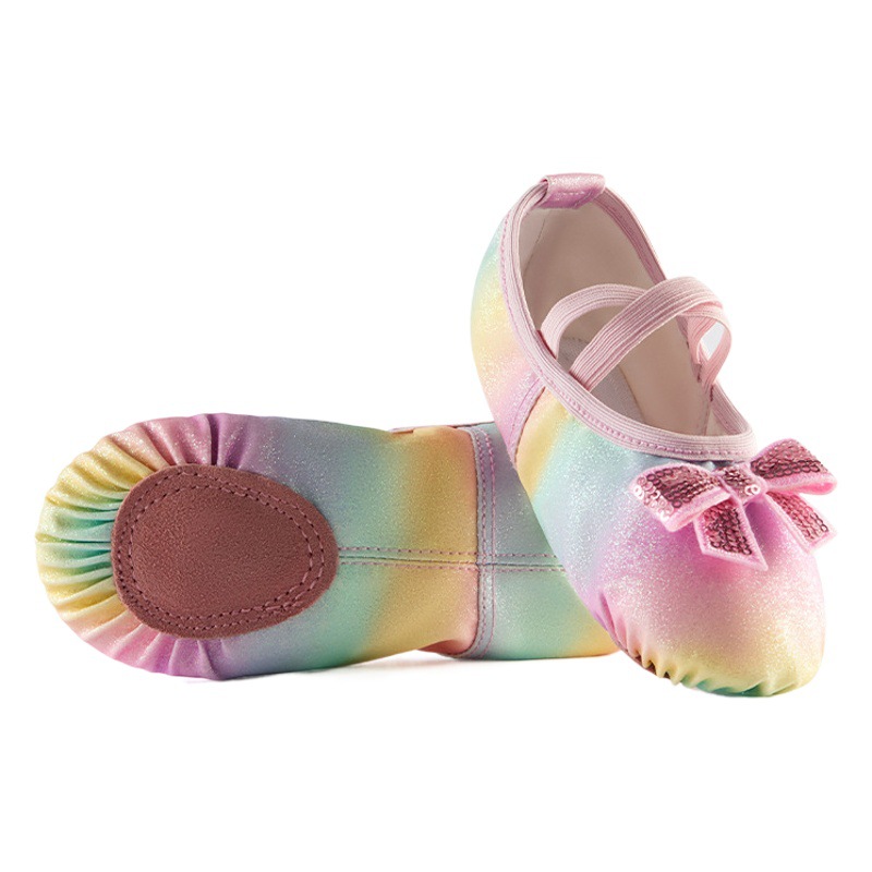 Dance shoes soft-soled dance shoes children's gradient color sequin bow pu girls lace-up cat paw shoes ballet shoes