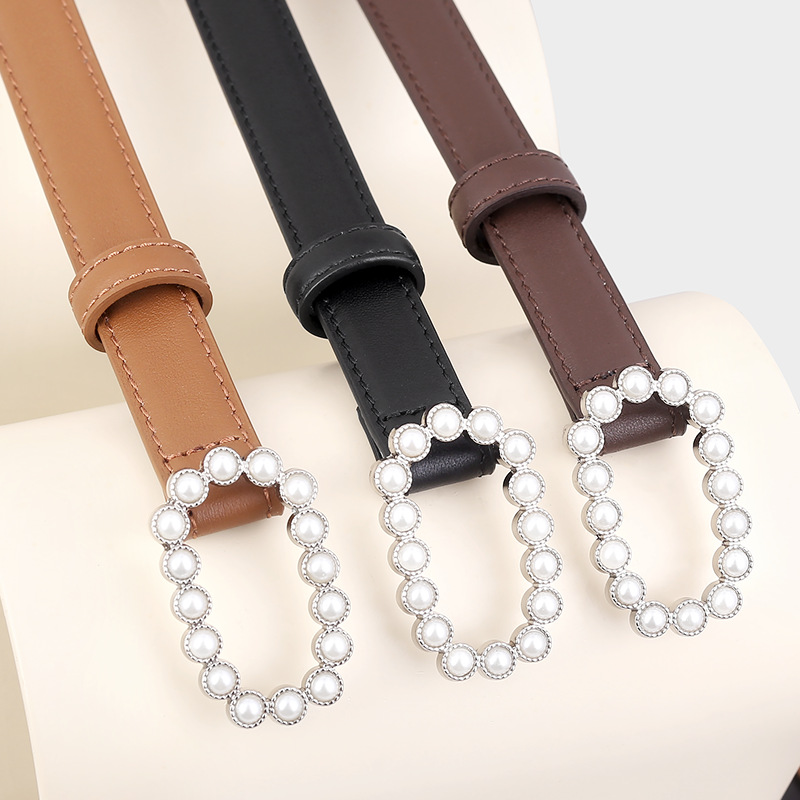 Taobao Hot Selling Niche First-Layer Cowhide Genuine Leather Pearl-Encrusted Diamond Buckle Trouser Belt Women's Belt Girdle Spot Wholesale