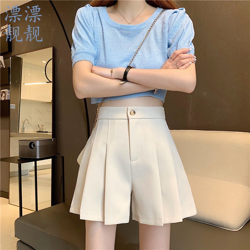 2023 Summer New Fashion High Waist Slimming All-match Pleated Suit Shorts Group Girls Casual Design Sense