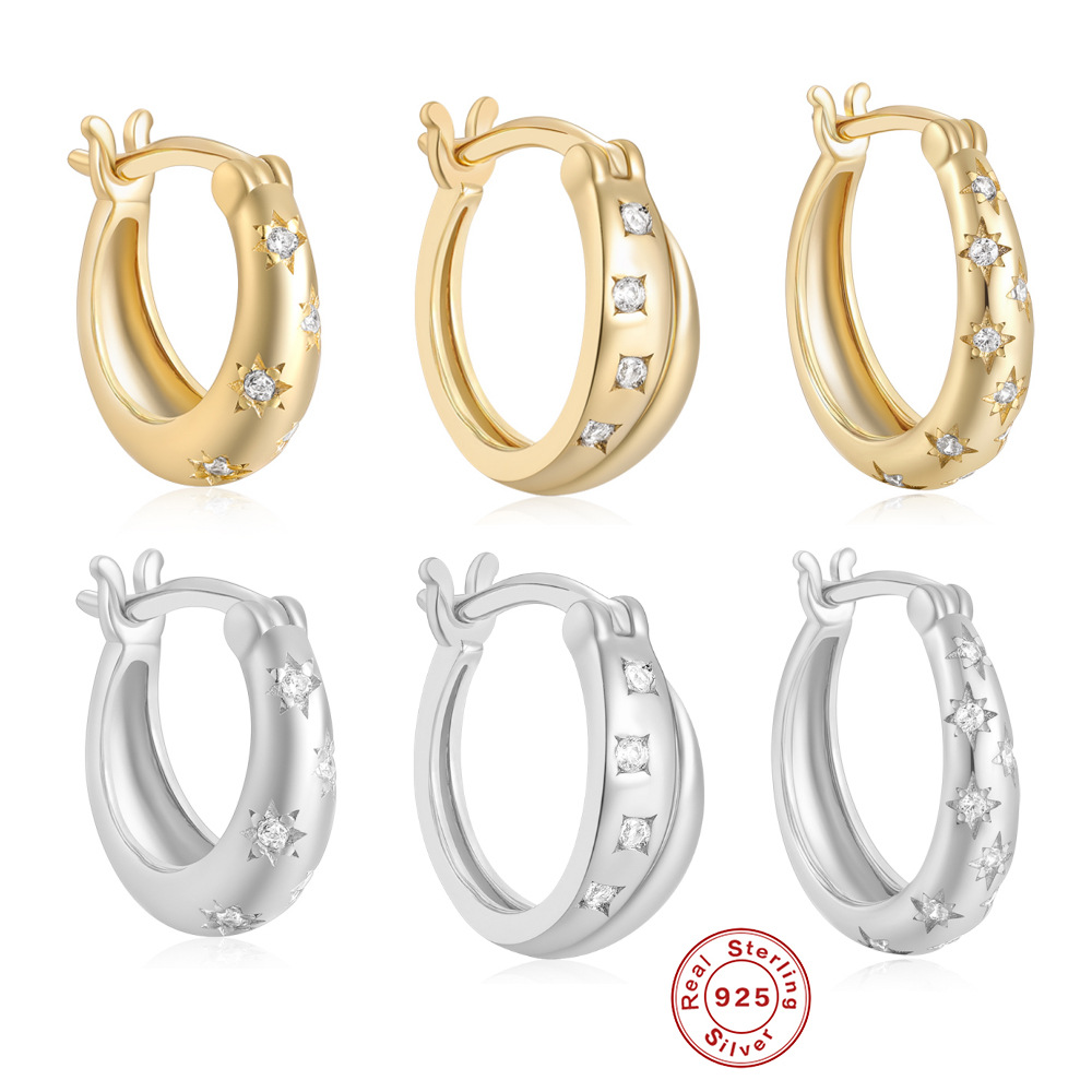 S925 Sterling Silver Ins Classic Diamond Five-Pointed Star Eight-Pointed Star Earrings Ear Buckle Earrings European and American Best-Selling High-End Earrings
