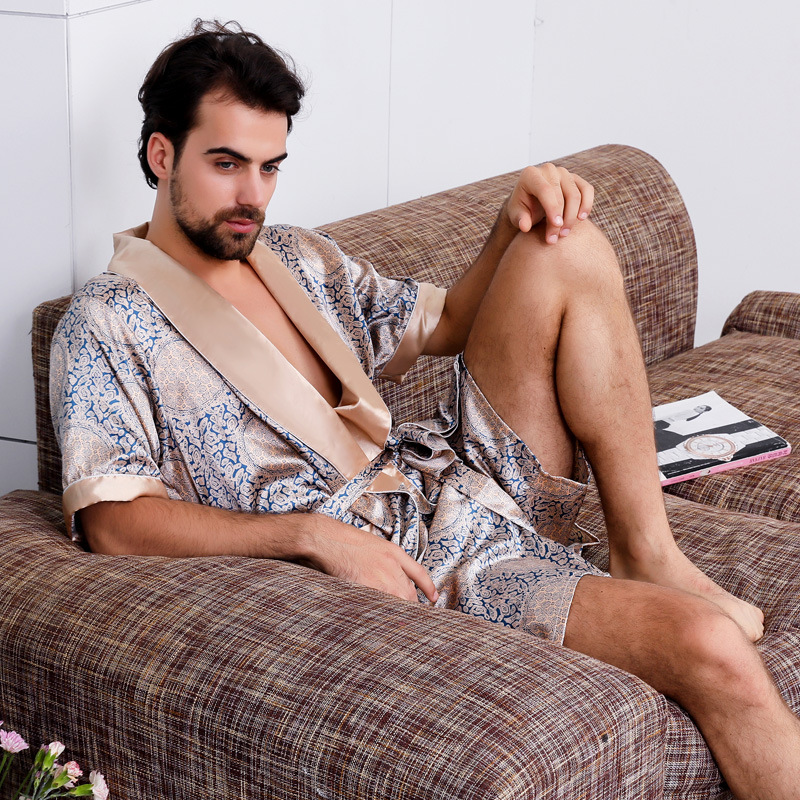 Cross-Border men's silk nightgown two-piece summer thin short-sleeved pajamas plus size bathrobe 88101-2