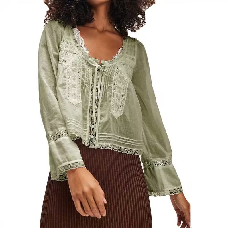 Picture of New French Niche Top Autumn Lace Shirt U-shaped Lace Collar Shirt Long-sleeved Lightweight Unique Beautiful Small Shirt
