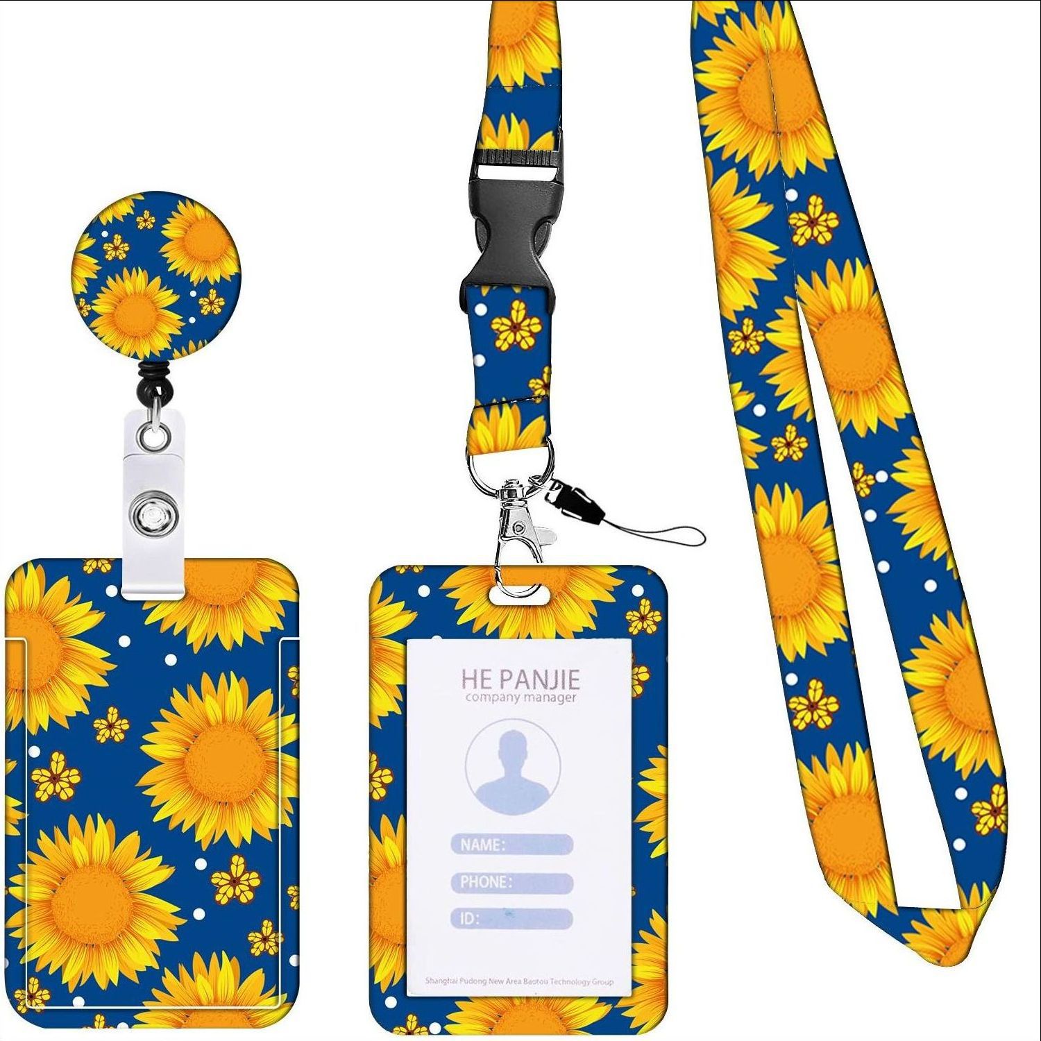 Picture of Retractable easy-pull buckle Badge clip small floral pattern ID card holder ID lanyard easy-pull telescopic buckle