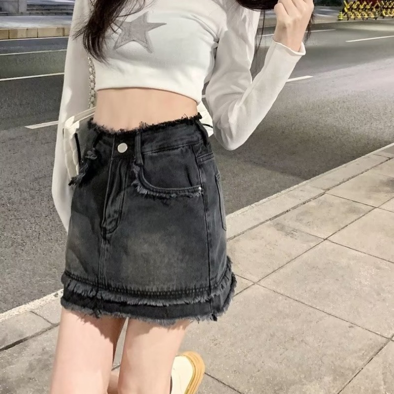 Picture of Black High Waist Denim Skirt Skirt Women's Summer Slim A- line Pants Skirt Small Skirt Hip Skirt