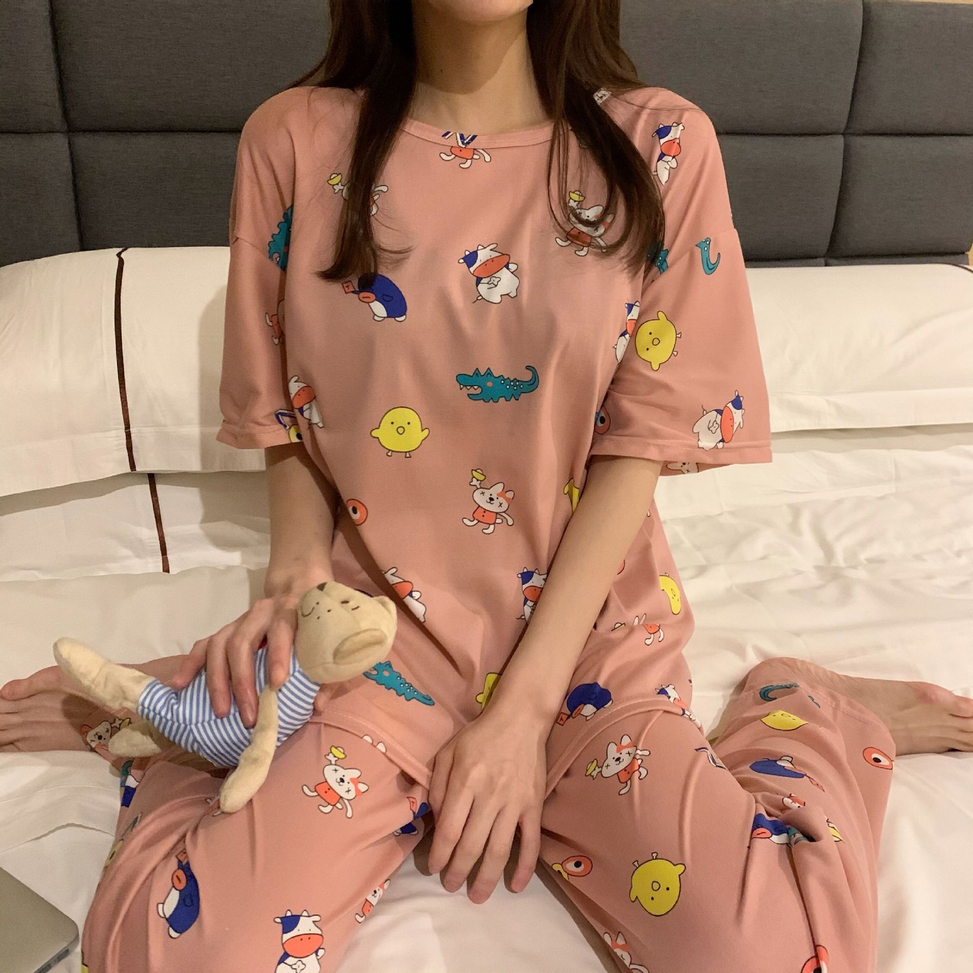 Picture of Pajamas Women's Spring and Autumn Summer Short-sleeved Trousers Large Size Loose Korean Style Fresh Cute Sweet Student Home Suit