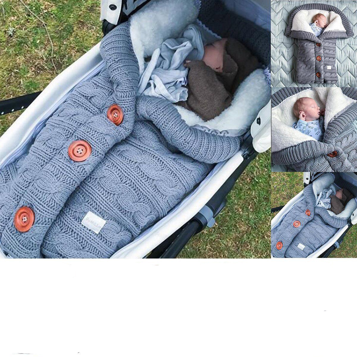 Picture of Spring Autumn Winter Knitted Sleeping Bag Baby Carriage Sleeping Bag Swaddling Cart Sleeping Bag Button Twist Sleeping Bag fleece-lined Thickened Bag