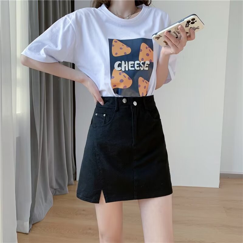 American Split Denim Skirt Women's Summer 2024 New High Waist Slimming A- line Skirt Hip Covering Skirt