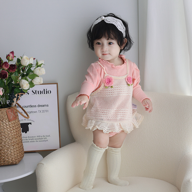 Baby's Wrap Clothes Spring and Autumn Girls' Clothes Two-piece Set Three-dimensional Small Flower Baby's All-in-one Clothes for Newborn