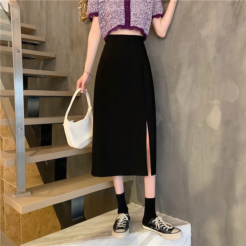 Summer New plus size split skirt high waist mid-length A- line skirt slimming one-step thin hip skirt for women