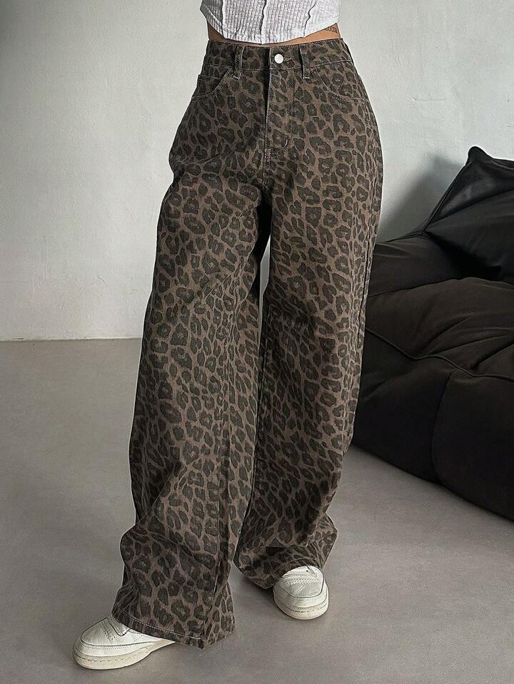 Picture of European and American Spring and Autumn New Leopard Print All-match Jeans Women's Retro Design Niche Loose Straight Casual Wide-leg Pants