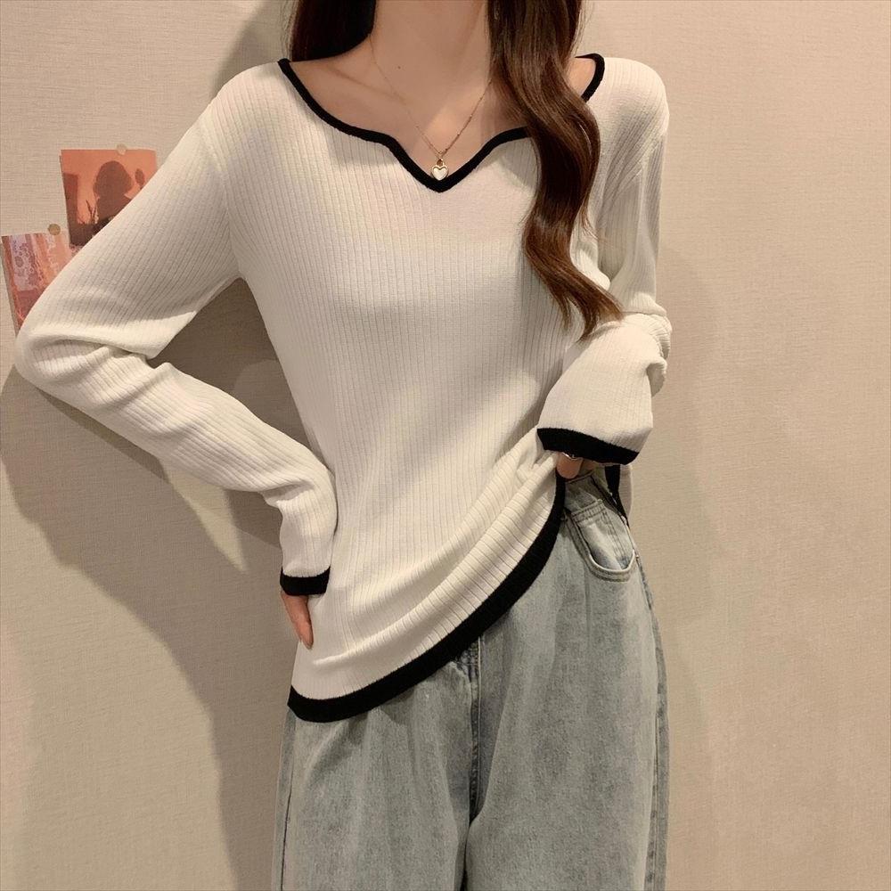 Picture of Large Size Sweater Women's 2022 New Autumn Design Contrasting Color Square Collar Clavicle Base Shirt Slim Shirt
