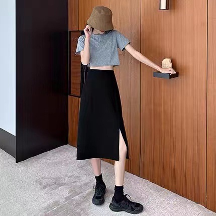 Picture of Black skirt women's draping skirt split mid-length spring and summer design high waist small A- line over-the-knee dress