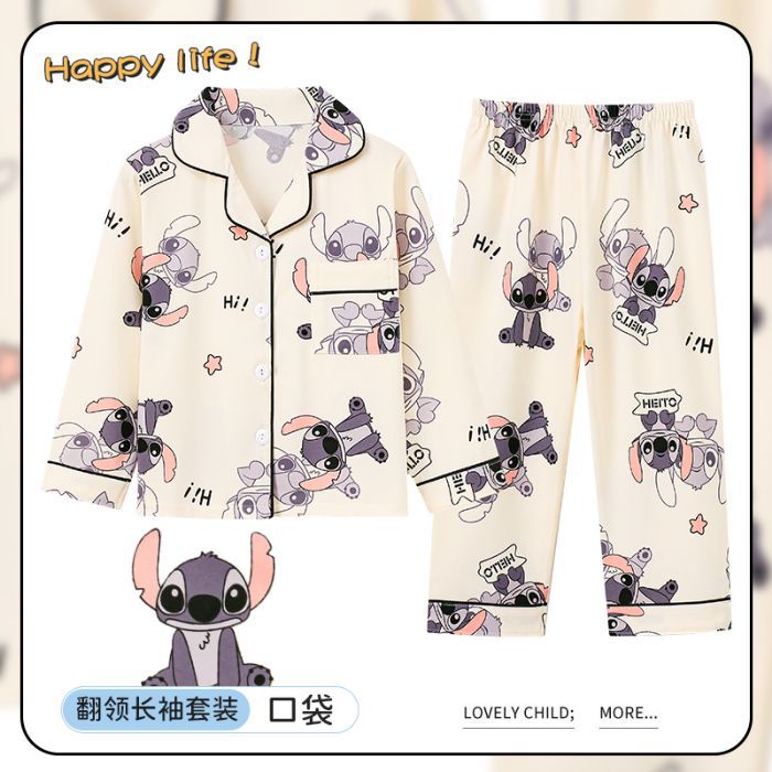 Picture of Children's Pajamas Spring and Autumn Cute Cartoon Boys and Girls Lapel Cardigan Long Sleeve Trousers Children's Home Clothes